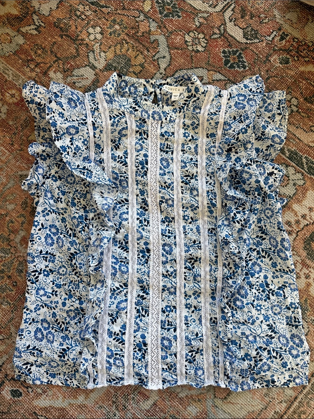 Veronica Beard Blue and White Floral Lace-Trim Ruffle Blouse